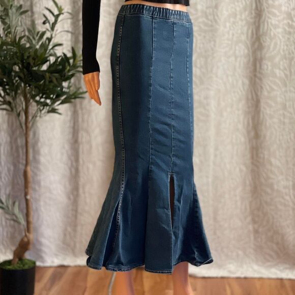 Zealous Yarnn Studios Denim Fishtail Mermaid Flare Midi Jean Skirt Size S